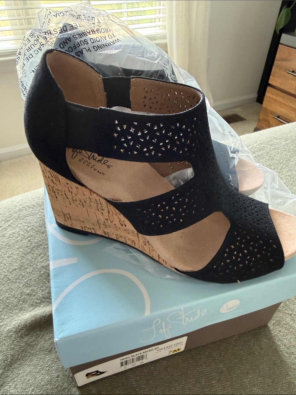 Life Stride Black Laser-Cut Cork Wedge Sandals New in the Box.